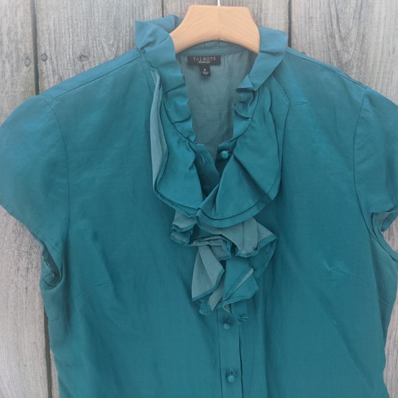 Talbots Teal Ruffle Neck Cotton/Silk Blouse - Sz 8 - Picture 2 of 12